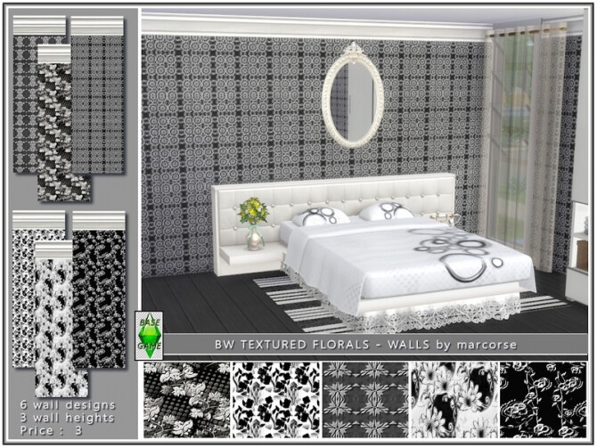 Sims 4 BW Textured Florals Walls by marcorse at TSR