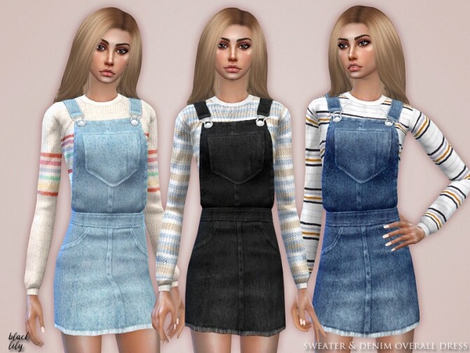 Sims 4 Sweater & Denim Overall Dress by Black Lily at TSR