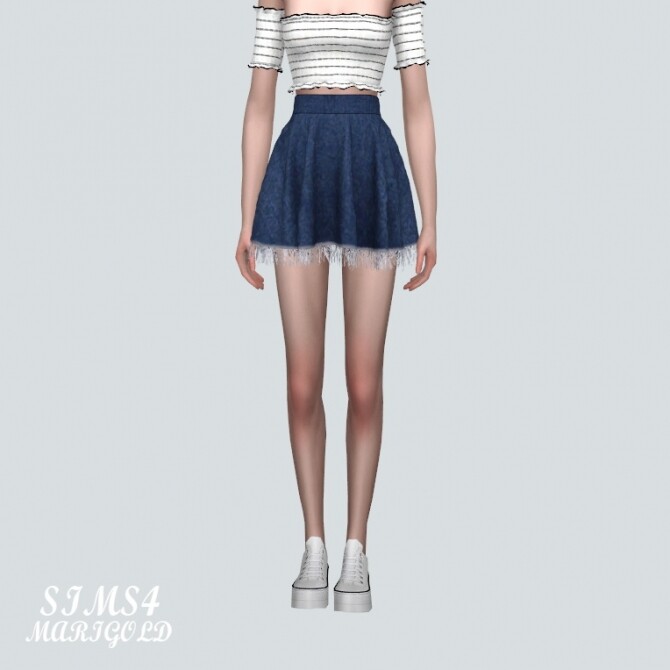 Sims 4 Denim Fringe Flare Mini Skirt at Marigold