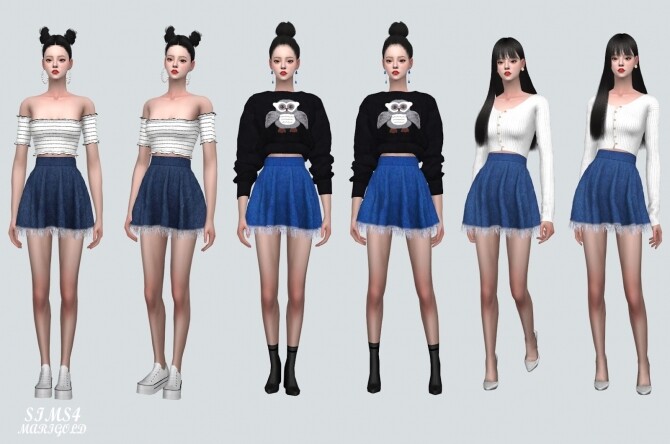 Sims 4 Denim Fringe Flare Mini Skirt at Marigold