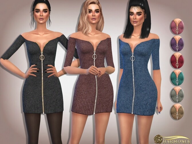 Sims 4 Off Shoulder Rib Knitted Zip Dress by Harmonia at TSR