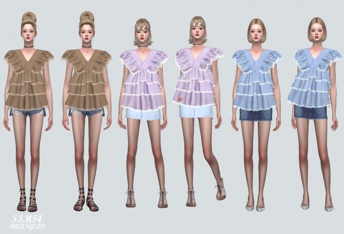 Sims 4 Frill 3 Tiered Blouse Sleeveless V at Marigold