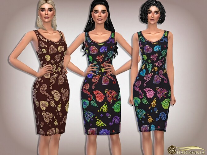 Sims 4 Multicolor Jewels Print Pencil Dress by Harmonia at TSR