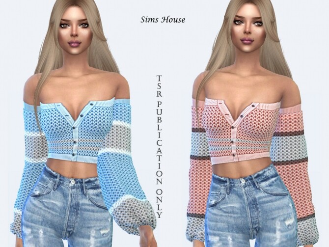 Sims 4 Off Shoulder Womens Button Sweater by Sims House at TSR