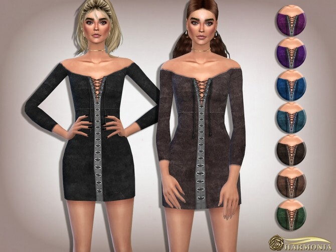 Sims 4 Off Shoulder Lace Up Suede Dress by Harmonia at TSR