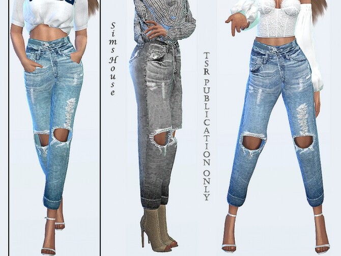Sims 4 Womens wide ripped jeans by Sims House at TSR