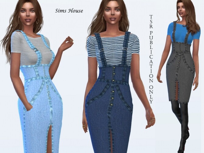 Sims 4 Denim dress with a slit and a t shirt by Sims House at TSR