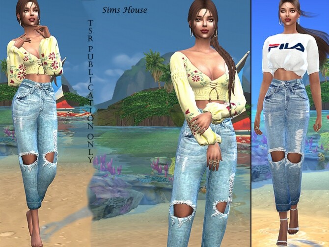Sims 4 Womens wide ripped jeans by Sims House at TSR