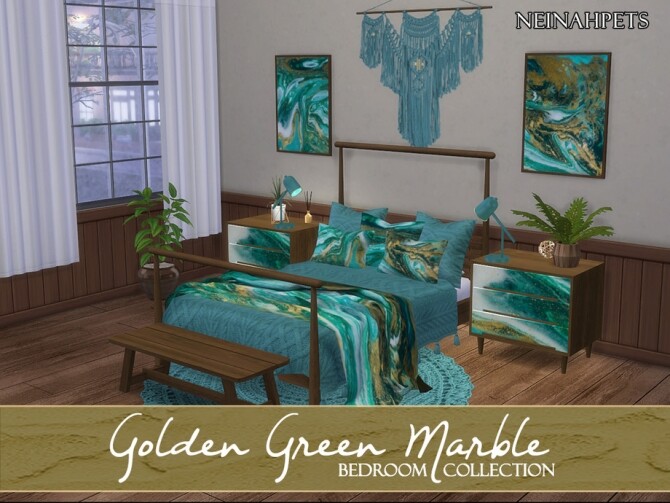 Sims 4 Golden Green Marble Bedroom by neinahpets at TSR