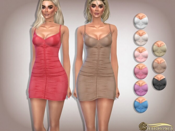 Sims 4 Dusty Slinky Ruched Strappy Bodycon Dress by Harmonia at TSR
