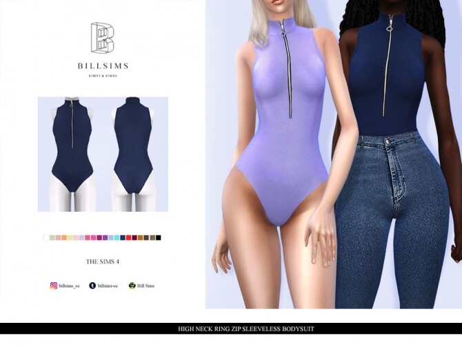 Sims 4 High Neck Ring Zip Sleeveless Bodysuit by Bill Sims at TSR