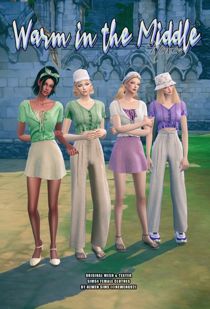 Sims 4 Ribbon Dress & Cardigan + String wide pants + Frill Button Crop Top at NEWEN