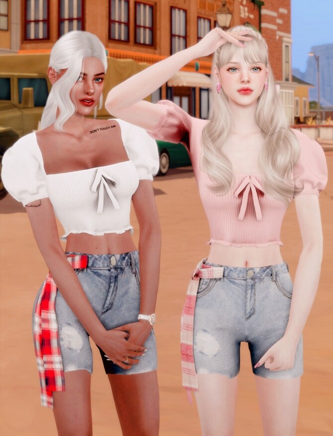 Sims 4 Puff sleeve Crop Top & Scarf Short Jeans at RIMINGs