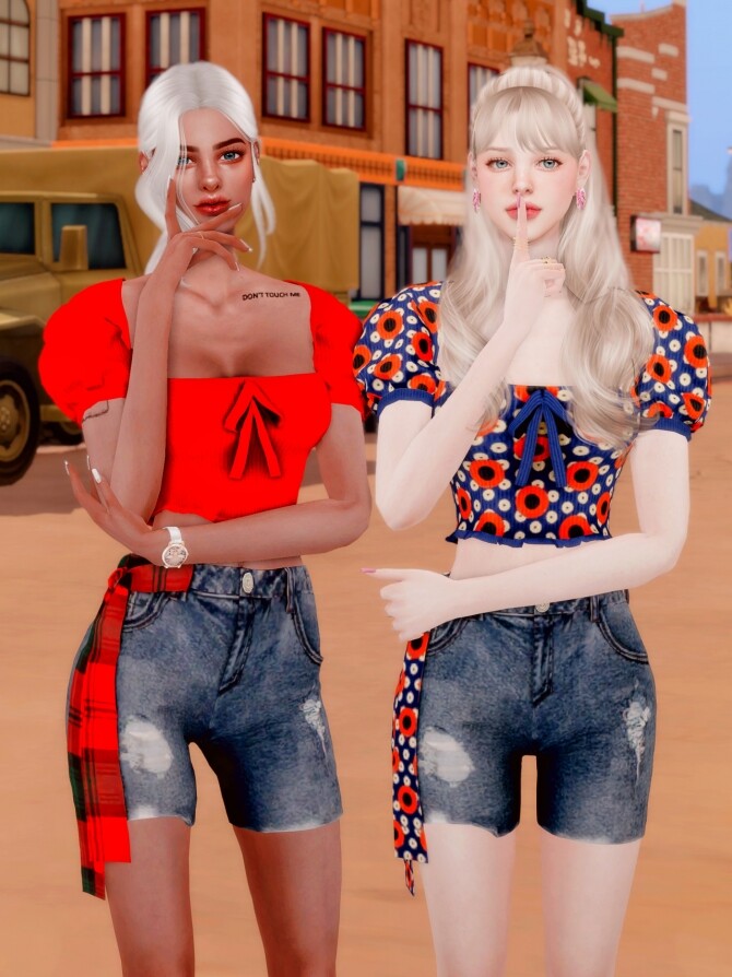Sims 4 Puff sleeve Crop Top & Scarf Short Jeans at RIMINGs