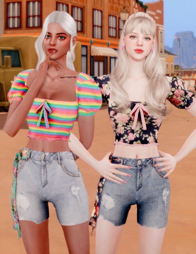 Puff sleeve Crop Top & Scarf Short Jeans at RIMINGs » Sims 4 Updates