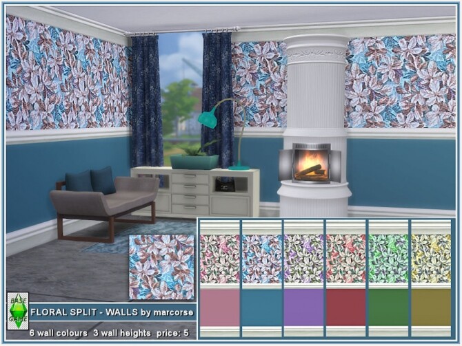 Sims 4 Floral Split Walls by marcorse at TSR