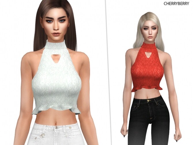 Sims 4 Floral Lace Frill Top by CherryBerrySim at TSR