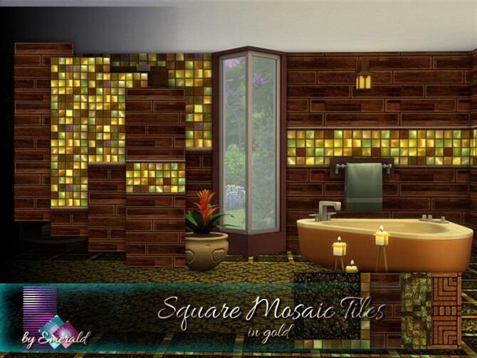 Sims 4 Square Mosaic Tiles in gold by emerald at TSR