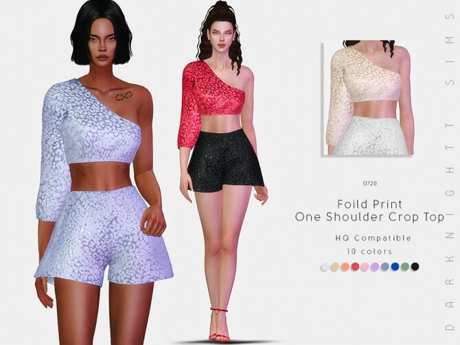 Sims 4 Foiled Print One Shoulder Crop Top by DarkNighTt at TSR