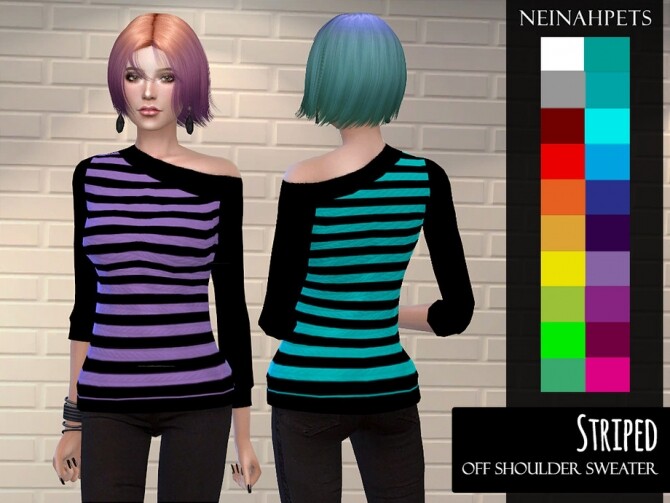 Sims 4 Off Shoulder Striped Sweater by neinahpets at TSR