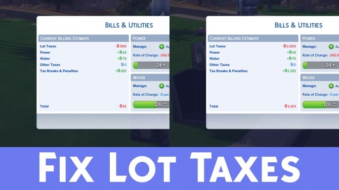Sims 4 Fix Capped Lot Taxes/Bills (Eco Lifestyle Patch) by zhanbow at Mod The Sims