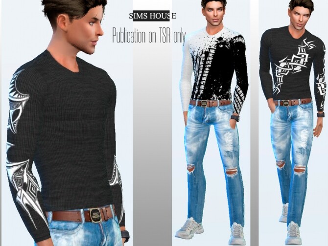 Sims 4 Mens T shirt with long sleeves and tattoo print by Sims House at TSR