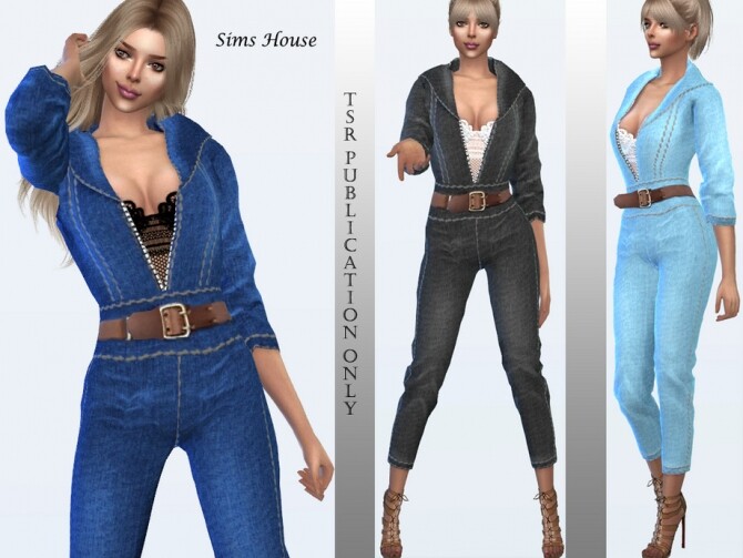 Sims 4 Womens denim overalls with a brown belt by Sims House at TSR
