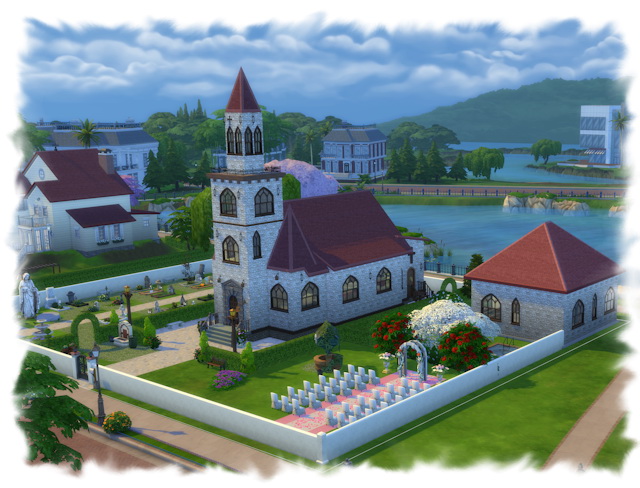 Sims 4 Village church with cemetery by Chalipo at All 4 Sims