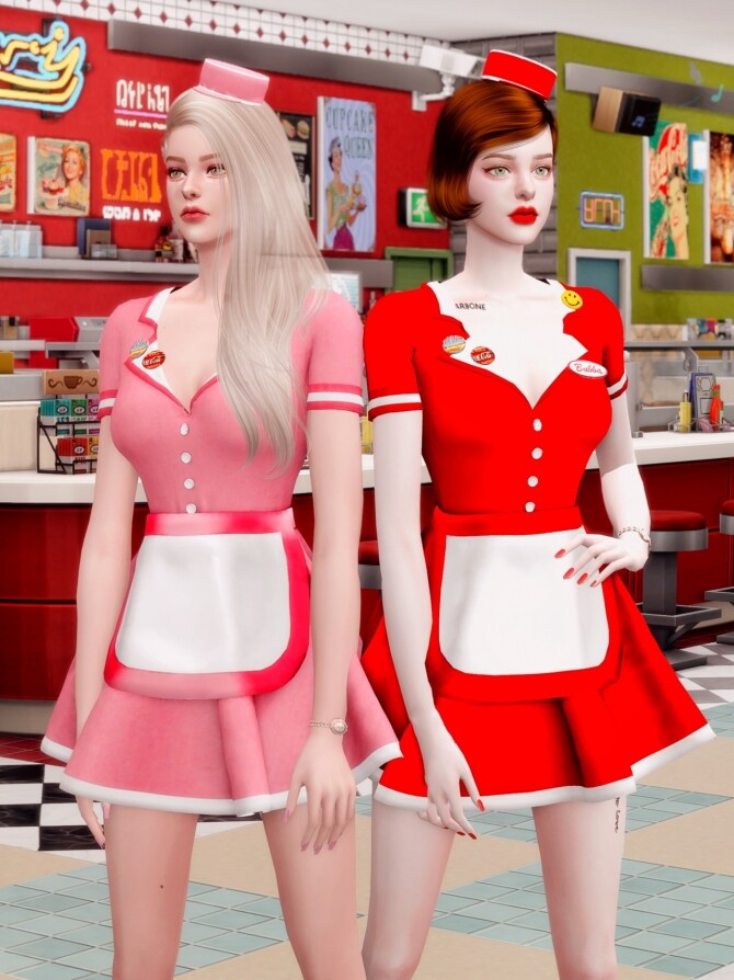 Sims 4 Retro Dinner Waitress Outfit & Hat at RIMINGs