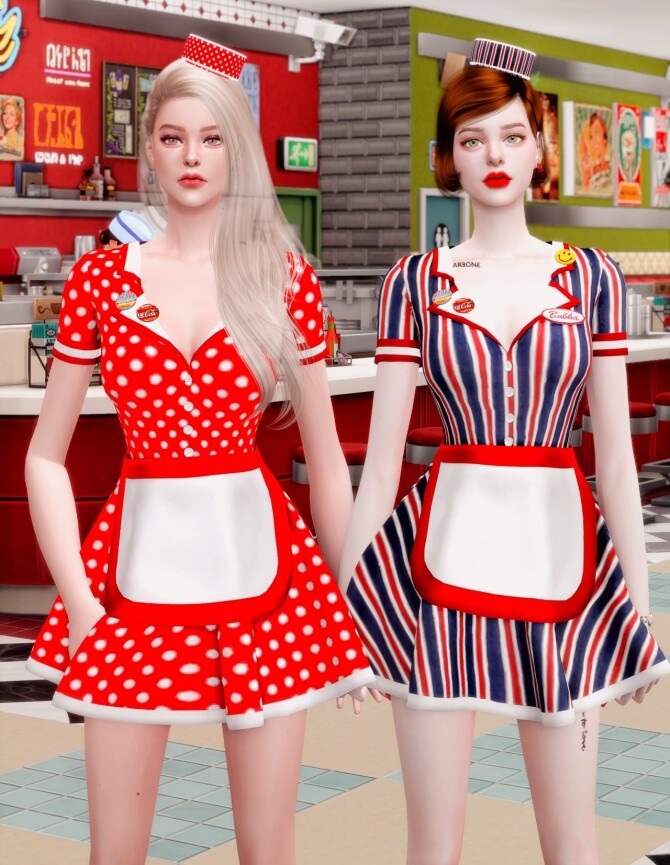 Sims 4 Retro Dinner Waitress Outfit & Hat at RIMINGs