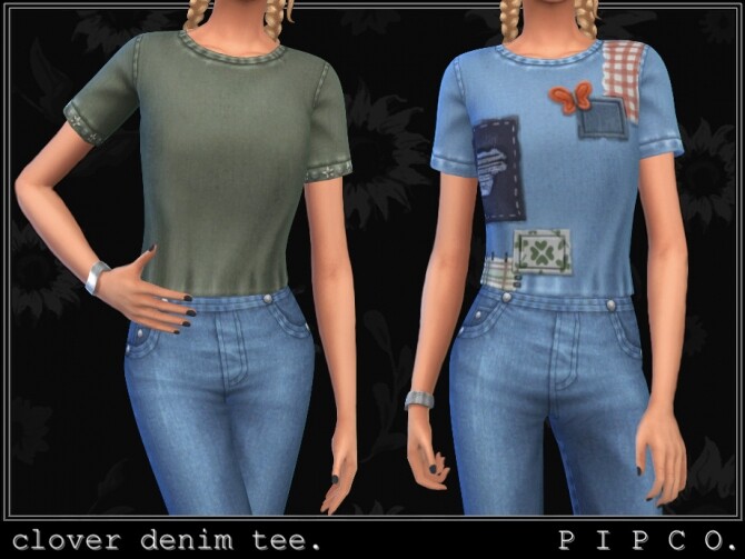 Sims 4 Clover cozy patched denim tee by Pipco at TSR