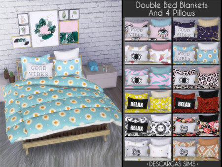 Double Bed Blankets & 4 Pillows at Descargas Sims