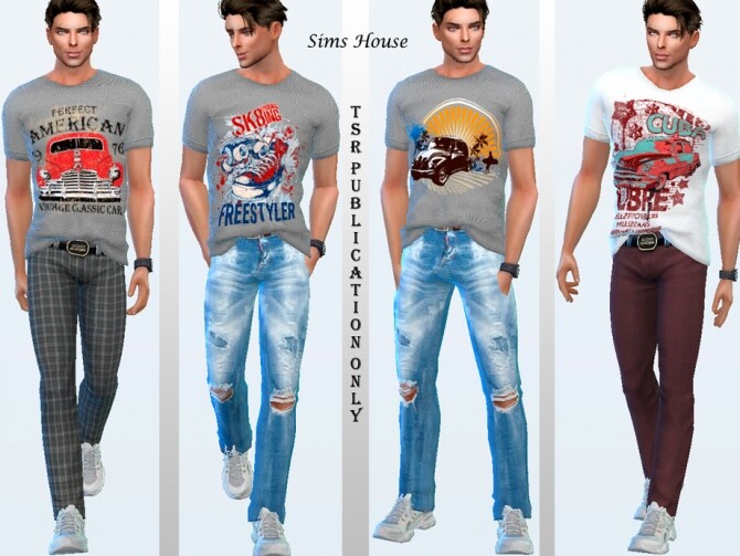 Sims 4 Mens T shirt with car print by Sims House at TSR