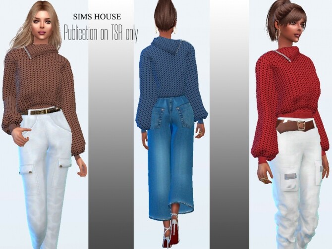 Sims 4 Womens Chunky Knit Sweater with Zip Neck by Sims House at TSR