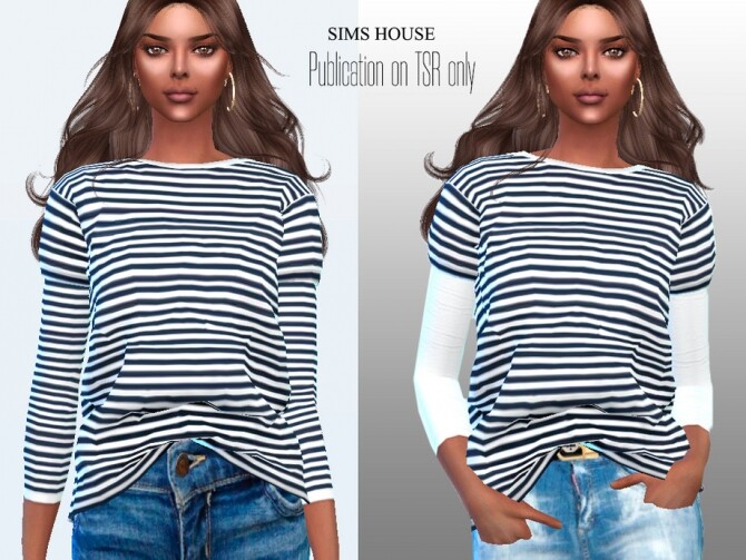 Sims 4 Womens Long Sleeve Breton Striped T shirt by Sims House at TSR