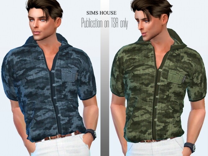 Sims 4 Mens shirt short sleeve military print tucked by Sims House at TSR