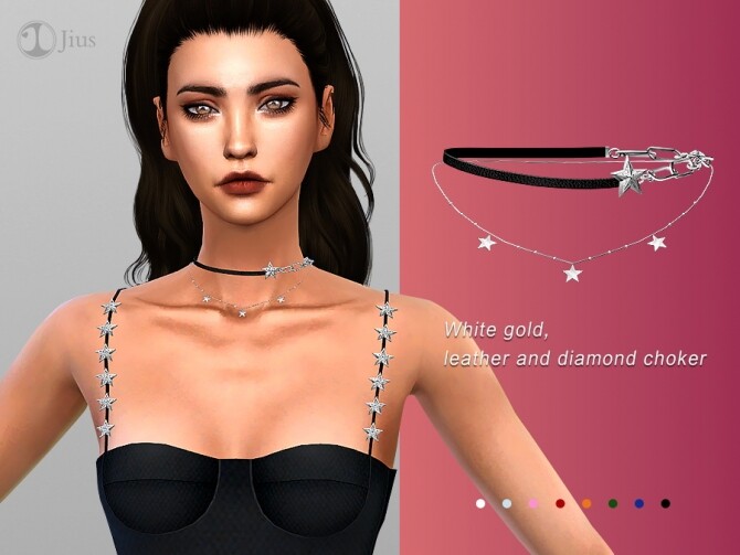 Sims 4 White gold, leather and diamond choker by Jius at TSR