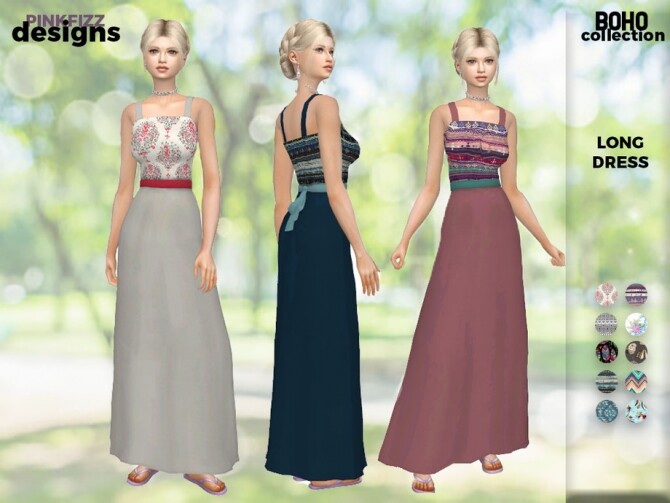 Sims 4 Boho Long Dress by Pinkfizzzzz at TSR