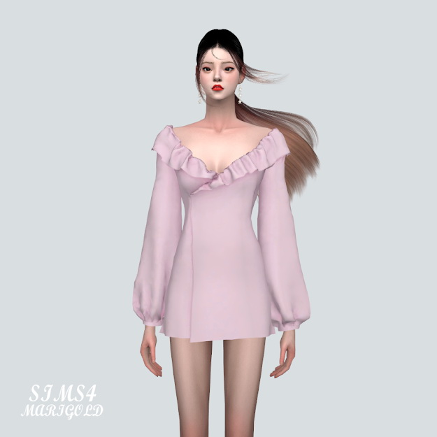 Sims 4 Off Shoulder Frill Mini Dress V2 at Marigold