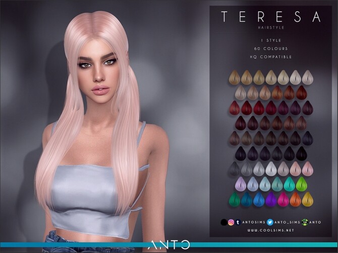 Sims 4 Teresa long tails with bangs Hair by Anto at TSR