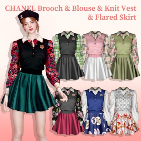 Brooch & Blouse & Knit Vest & Flared Skirt at RIMINGs