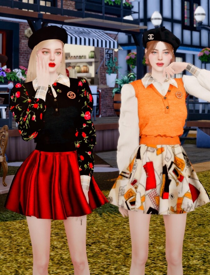 Sims 4 Brooch & Blouse & Knit Vest & Flared Skirt at RIMINGs
