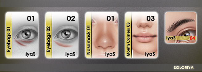 Sims 4 Eyebags 01 & 02, nosemask 01, eyebrows 04, mouth corner 03 at Soloriya