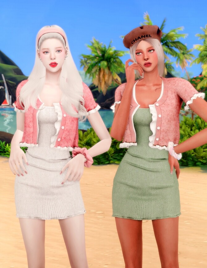 Sims 4 Frill Cardiagan & Sleeveless Dress & Hair Scruncy at RIMINGs
