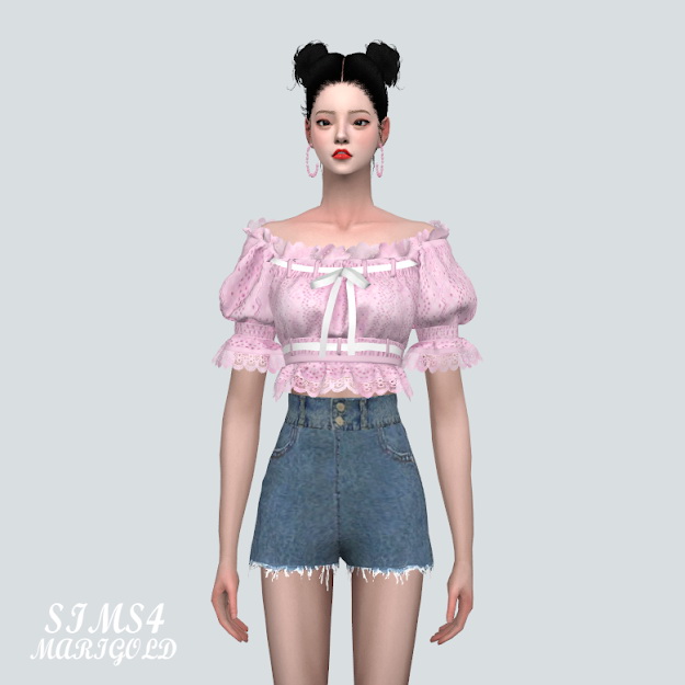 Sims 4 Lace Ribbon Off Shoulder Blouse at Marigold