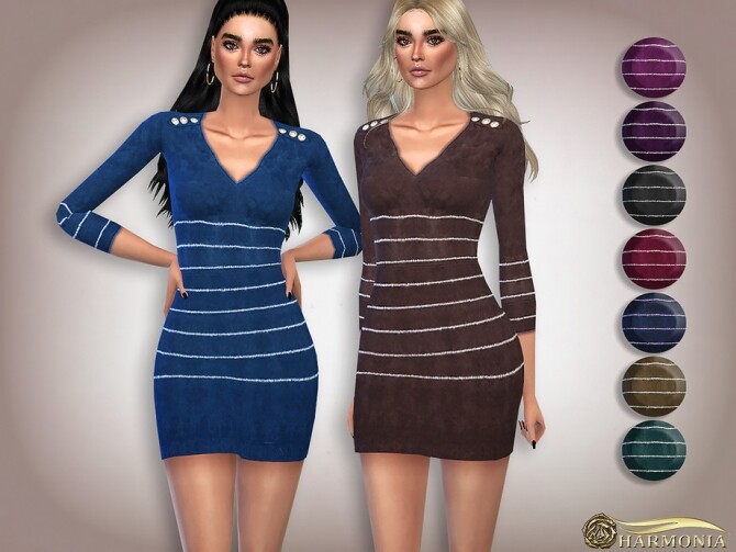 Sims 4 Gold tone Embellishment Suede Dress by Harmonia at TSR