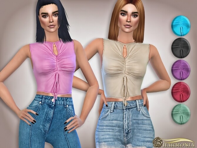 Sims 4 Keyhole Ruched Tie Crop Top by Harmonia at TSR