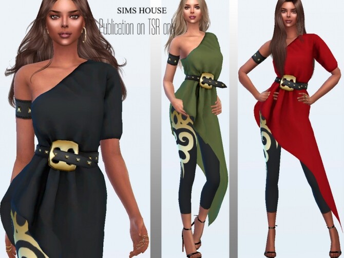 Sims 4 Asymmetric tunic with leggings and belt by Sims House at TSR