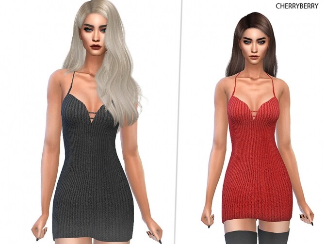 Sims 4 Knitted Strap Mini Dress by CherryBerrySim at TSR