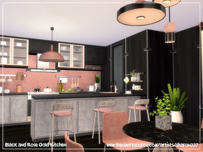 Cozinha preta e rose gold com luminárias elegantes